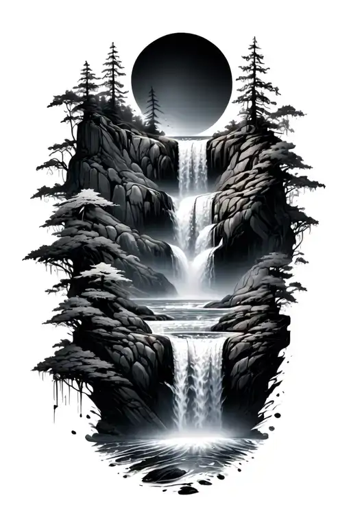 Waterfall Surrounded By Abstract Design