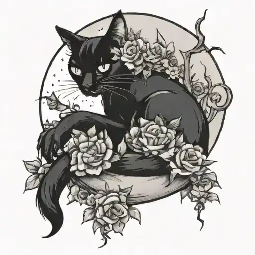 Occult Black Cat Sitting With Witch Sorrunded By Flowers And A Moon