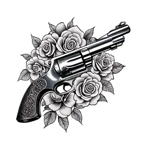 Create A Tattoo Of A Western Style Colt 45 Revolver Engraved With Roses