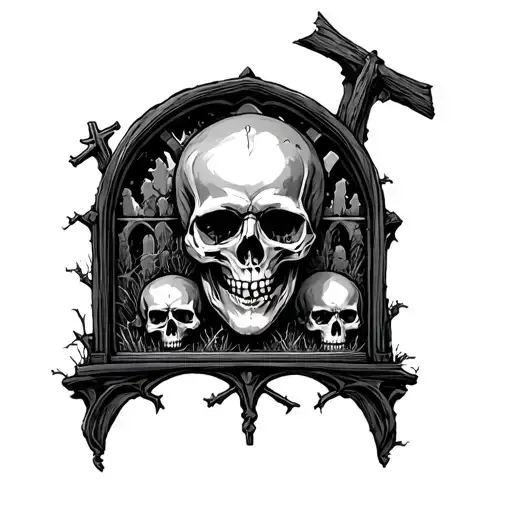 Skulls With Gothic Window And Graveyard Filled