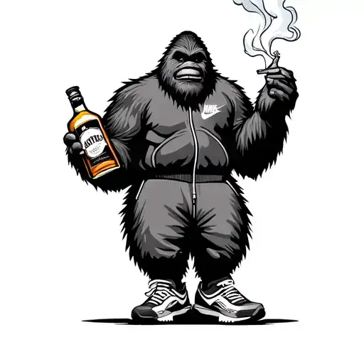 Bigfoot Stoned Smoking A Spliff Wearing Nike Triainers And A Tracksuit Holding A Bottle Of Whiskey