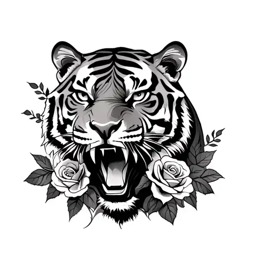 Tiger Roaring With Roses