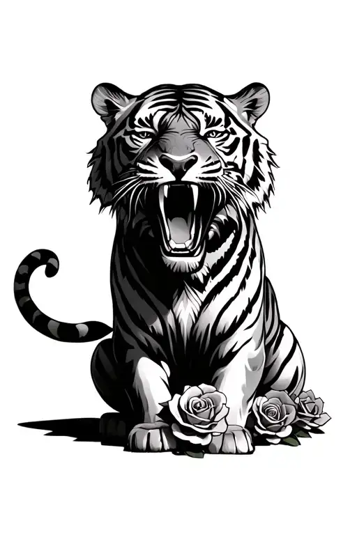 Tiger Roaring With Roses