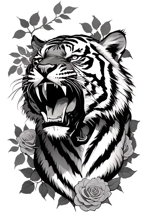 Tiger Roaring With Roses