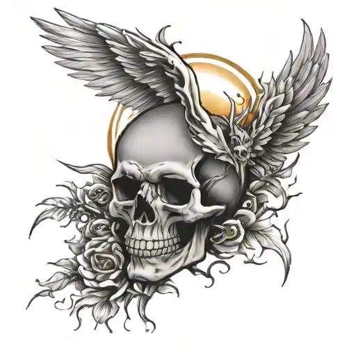 A Skull With Thorns And Angel Wings Surrounded By Sun Rays
