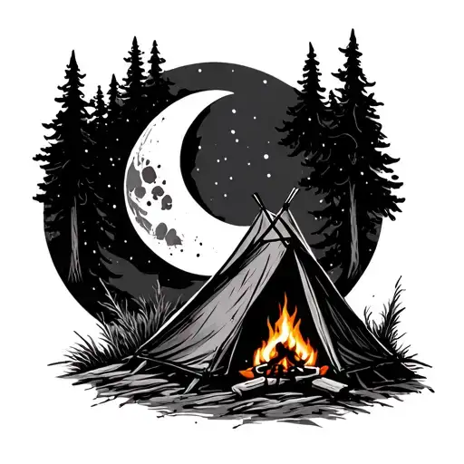Tent With A Campfire And Crescent Moon Surrounded