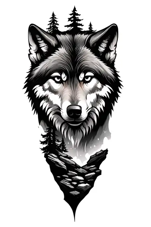 Wolf And Tree And Rocks On Bottom