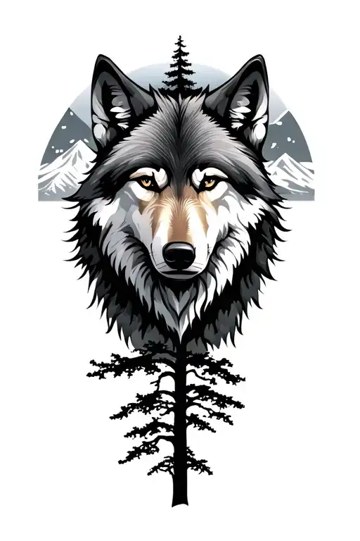 Wolf And Tree And Mountains