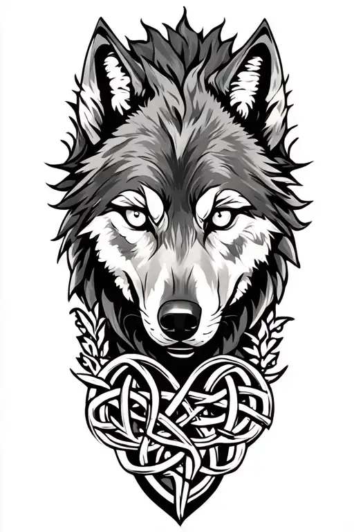 Wolf With White Eyes On Cliff Tattoo Design Featuring Celtic Trinity Knot