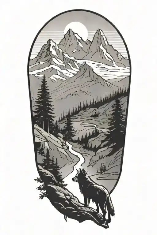 A Silhouette Of A Lone Hiker Trekking Up A Rugged Mountain Trail With A Wolf By Their Side