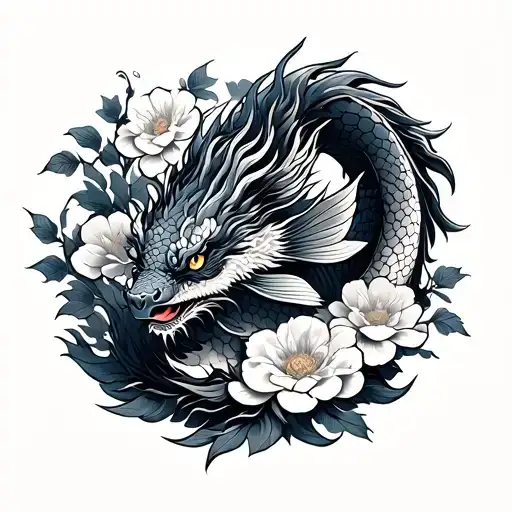 Japanese Dragon Of Fish In Flowers