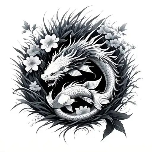 Japanese Dragon Of Koi Fish In Flowers And Grass