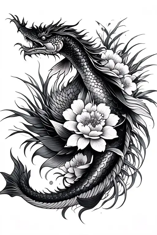 Japanese Dragon Of Koi Fish In Flowers And Grass