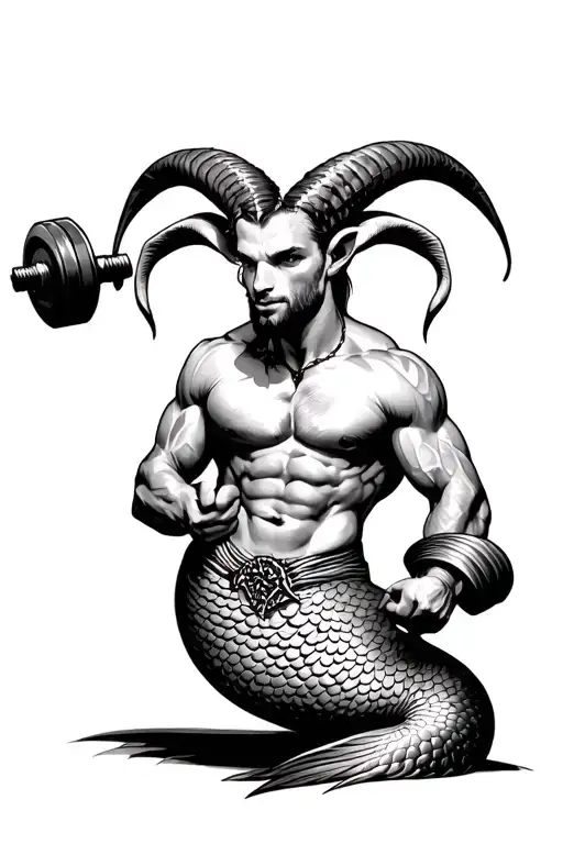 Man With Mermaid Tail And Goat Horns Holding Dumbbell