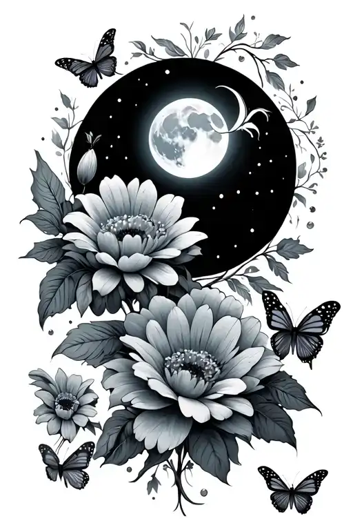 Small And Large Flowers With Butterflies And A Moon