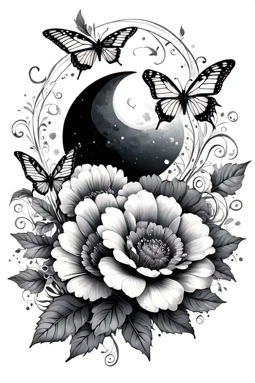 Small And Large Flowers With Swirls With Butterflies And A Moon
