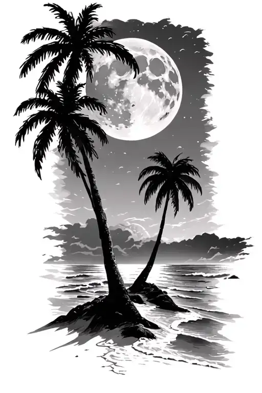 Night Beach Scene With Palm Trees And A Full Moon
