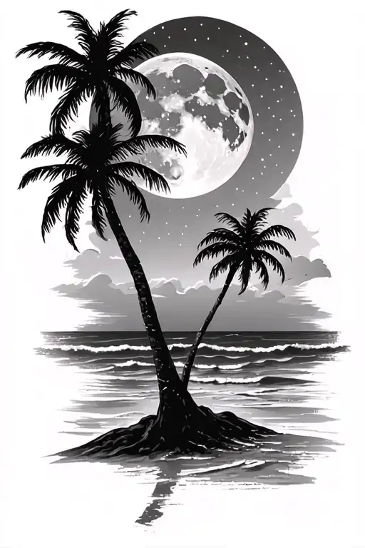 Night Beach Scene With Palm Trees And A Full Moon