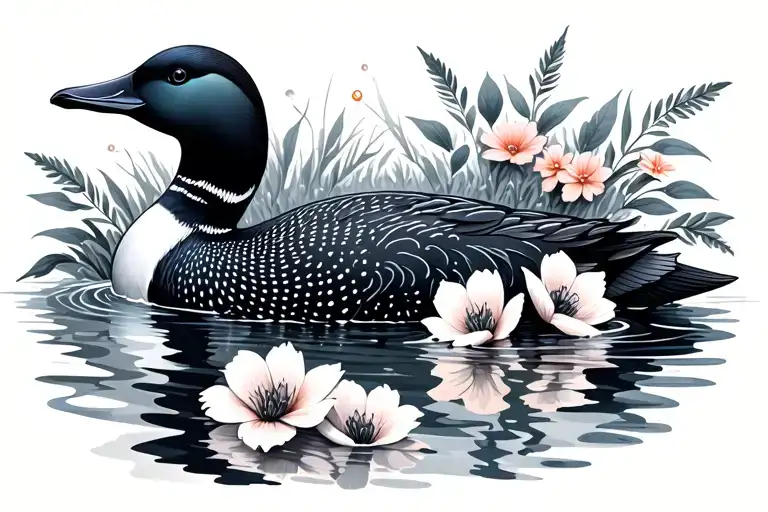 Loon By Flowers In Water Simple Design
