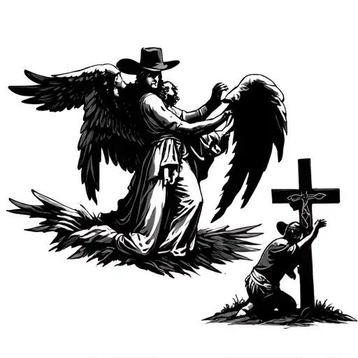 Angel Reaching Down From Heaven To A Cowboy Kneeling Downnnext To A Cross