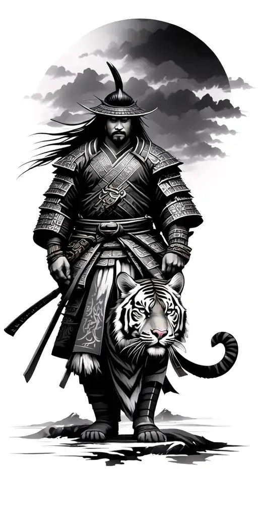 Samurai Warrior On Fuji Background Black And White With Tiger