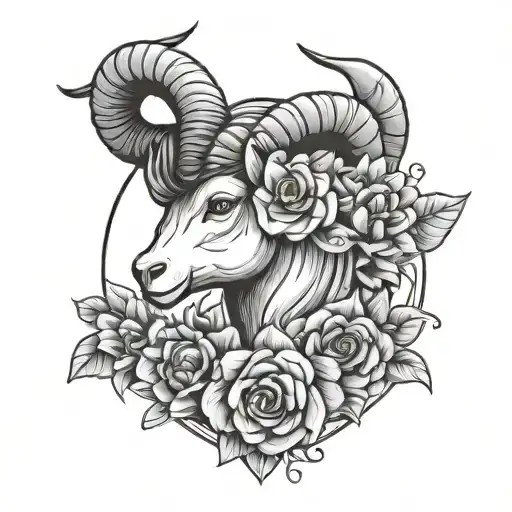 Femine Abstract Minimalistic Design Featuring Flowers With Aries Zodiac Symbol