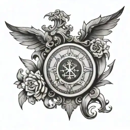A Tattoo Design Of A Family Crest With A Pocket Compass As The Centerpiece