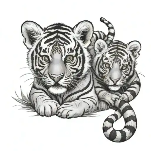 Tiger Cub And Tiger With Snake