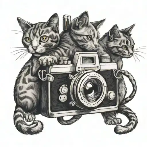 Illustrate A Film Camera Intertwined With Cat Silhouettes For A Unique Back Piece