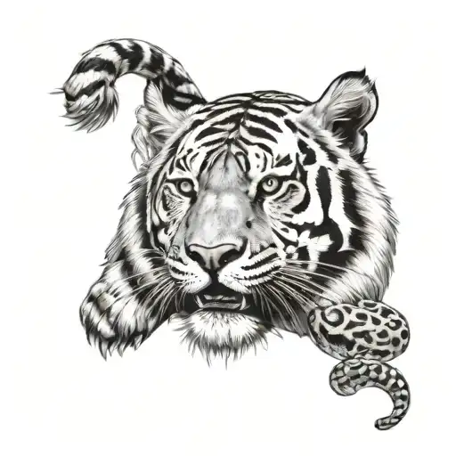 In Profile A Tiger With A Snake And A Tiger Cub