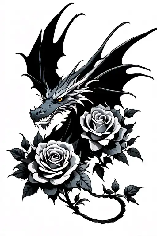 Dragon Flying Upwards Direction And Roses Intertwined