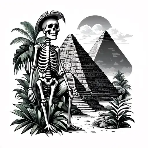 Skeleton Traveler Between Mexico And Cambodia Jungle And Desert With Tropical Plant And Pyramid