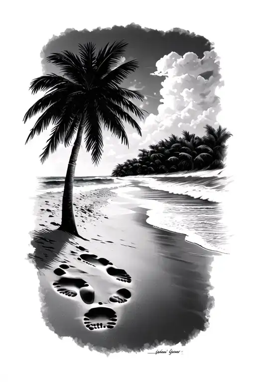 Sandy Beach With Two Sets Of Footprints And Palm Trees
