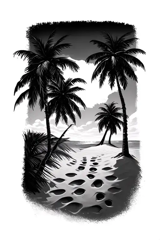 Sand With Footprints And Palm Trees
