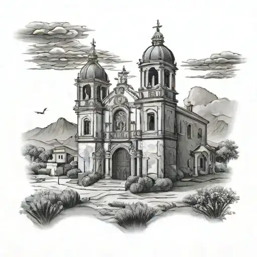 A Black And Grey Mural Of A Church In A Mexican Landscape