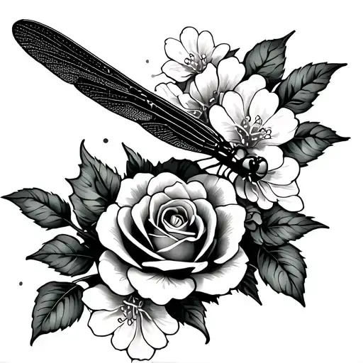 Dragonfly Perched With Big Roses And Cherry Blossoms