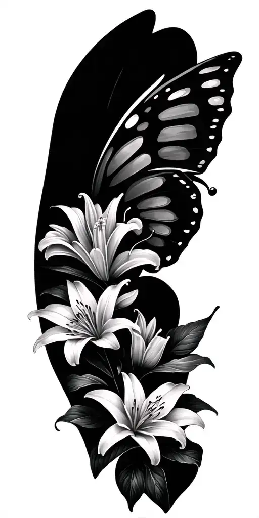 Butterfly And Lily Flowers Sleeve Tattoo Design