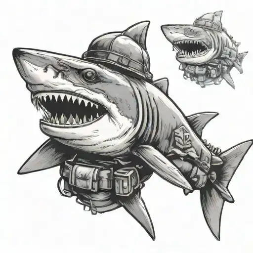 A Fierce Shark Wearing A Military Helmet And Holding A Gun In Its Fin