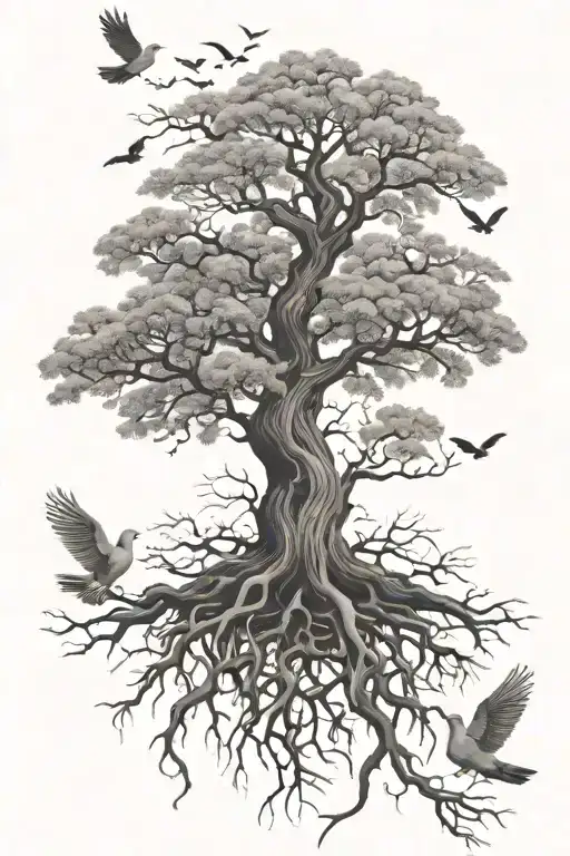 Oak Tree With Roots Each Branch Representing Different Aspects 7 Doves Flying Out Top