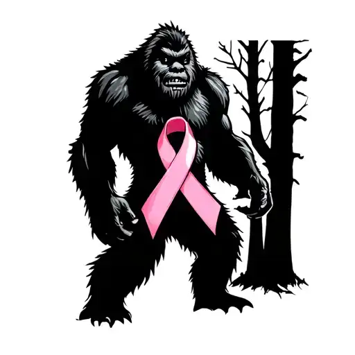 Bigfoot Silhouette With Breast Cancer Ribbon As Body