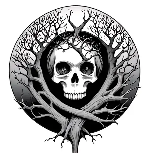 Skull And Tree Of Life Intertwined Within Her She