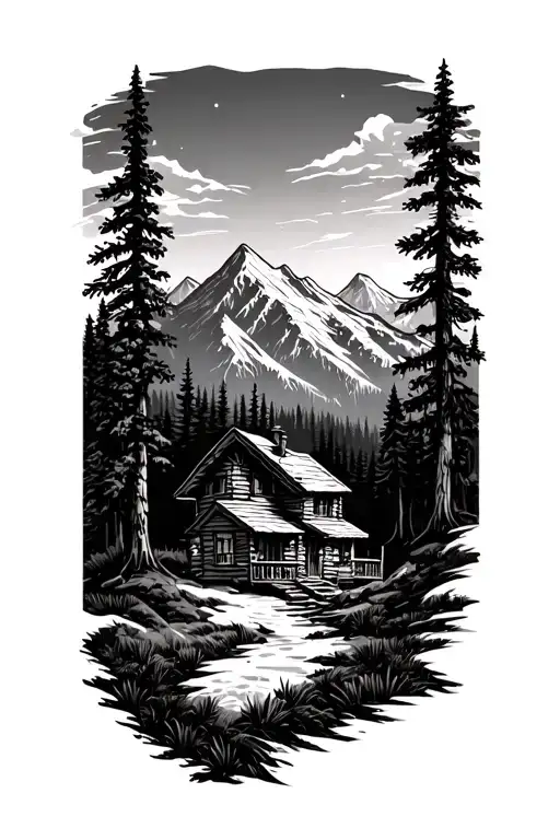 Mountain Forest Landscape With A Cabin