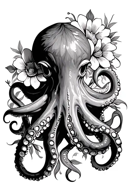 Octopus With Flowers Intertwined Traditional Style