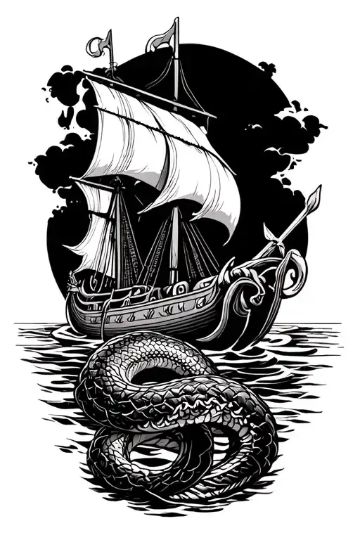 Viking Ship And Sea Snake