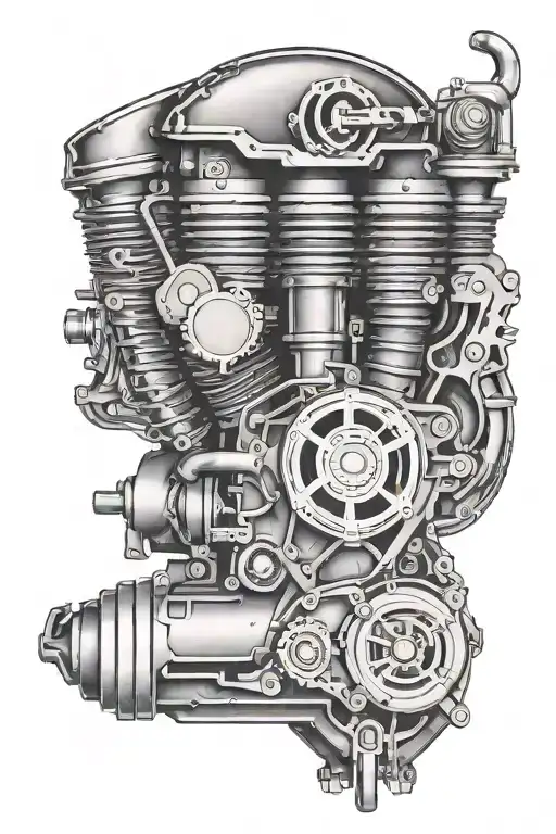 A Black-grey Tattoo Of A Motorcycle Engine With A Scorpion Integrated Into The Design