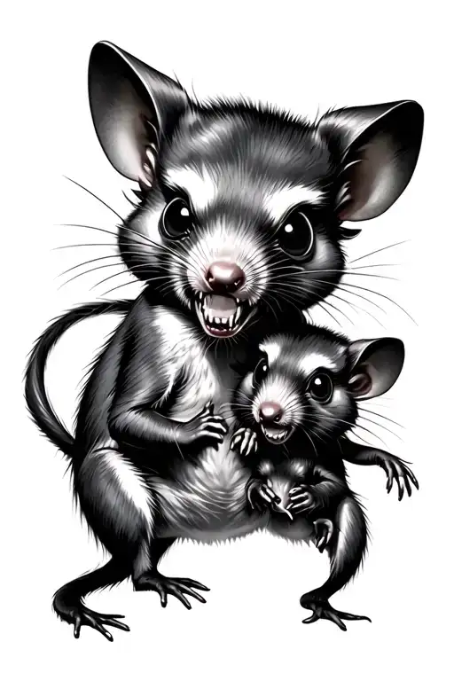 Angry Opposum Momma Wrangling Baby Opposums