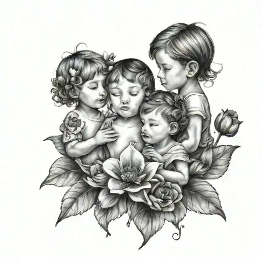 A Tattoo Of Three Children Surrounded By Flowers