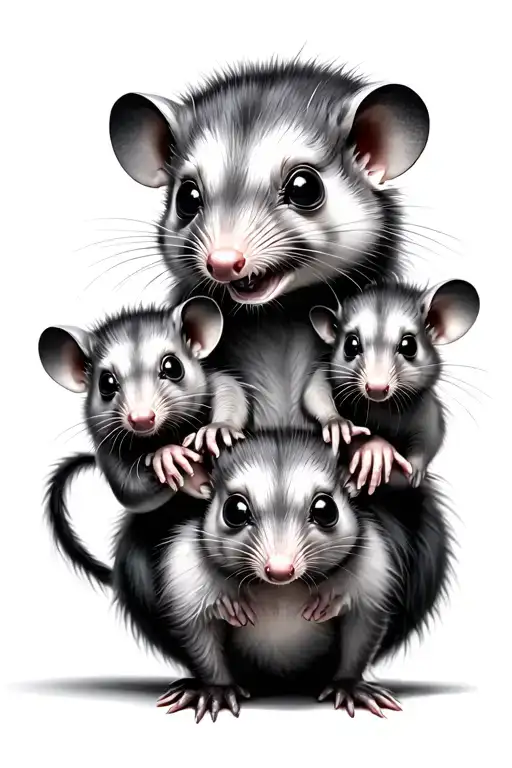 Frustrated Opposum Momma Wrangling Several Baby Opposums