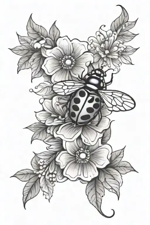 Complete Arm Sleeve Of Black And Gray Flowers With Colorful Ladybug