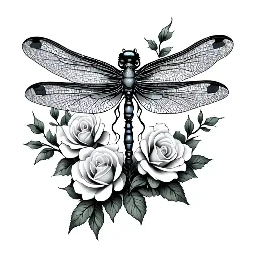 Gothic Style Dragonfly With Roses And Cherry Blossoms